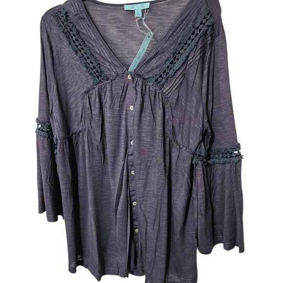 She Sky top Size Large Dark Blue Sheer Lightweight Relax Fit Front Buttons - Picture 8 of 10